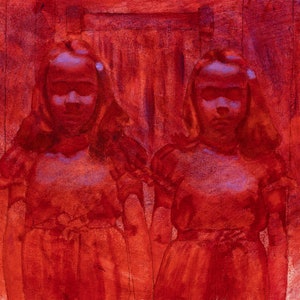 The Shining study done In oils, twin girls painted in red and purple hues, original artwork, portrait of two girls, based on the shining