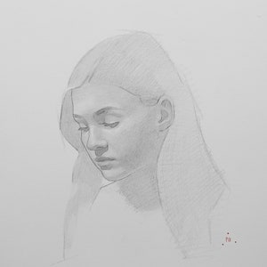 Head study—woman in profile, looking down, graphite head study on Stonehenge paper, original artwork, modern art, portraiture, realism