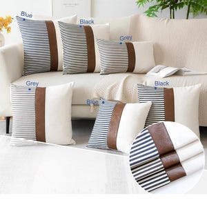 Set of 2 Farmhouse Pillow Covers, Stripe Patchwork Linen Throw Pillows, Modern Tan Faux Leather Accent Pillows for Cottage Decor.
