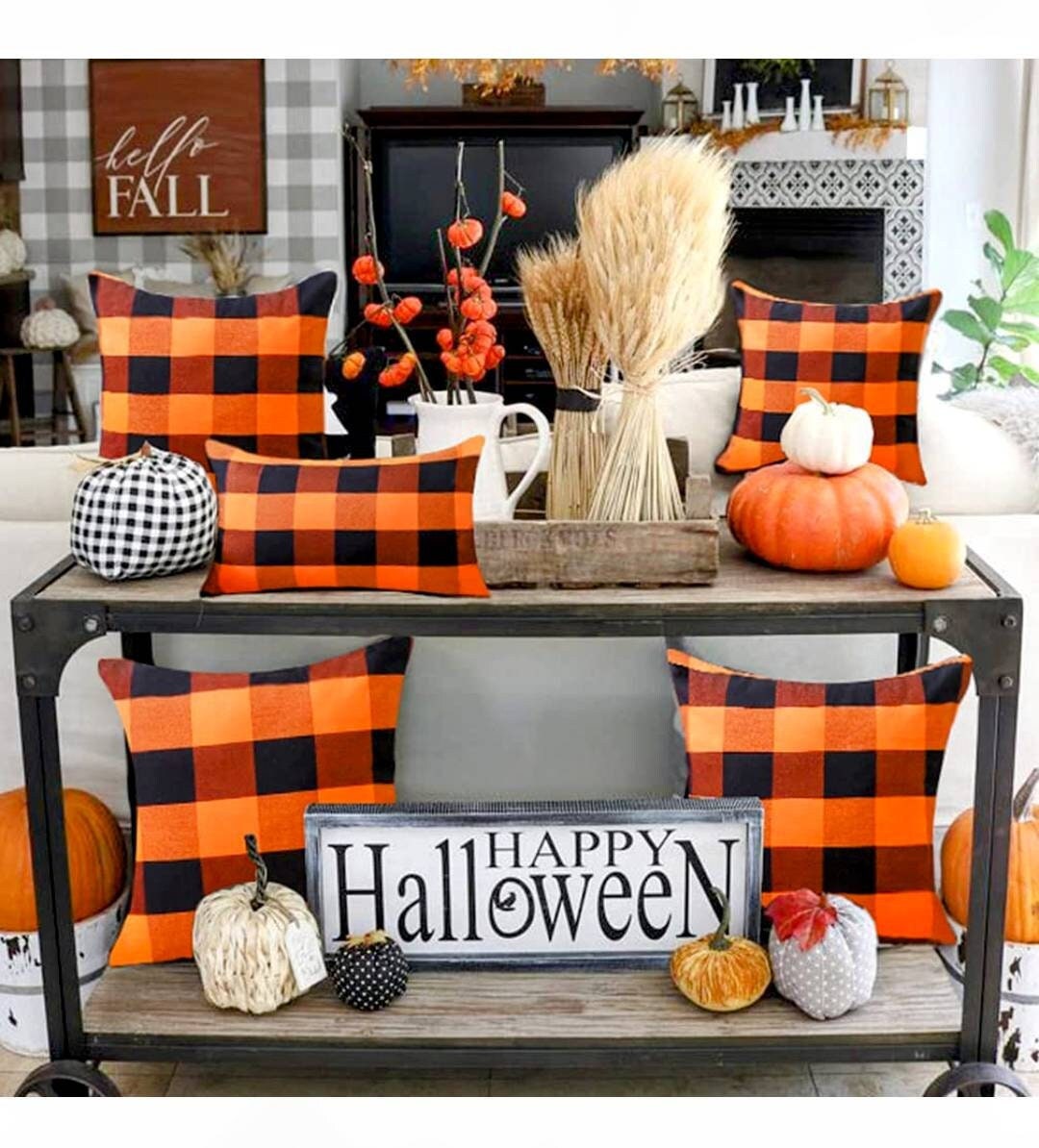 Set of 2 Orange and Black Buffalo Check Pillow Covers, Rustic, Autumn ...