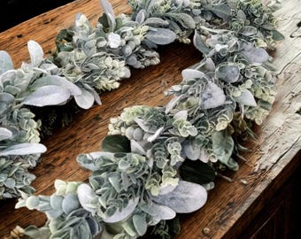 Faux Eucalyptus and Lamb&#39;s Ear Garland, Table Runner, Wreath, Wedding Greenery, Fall Decor, Home Decor, Farmhouse Faux Greenery.
