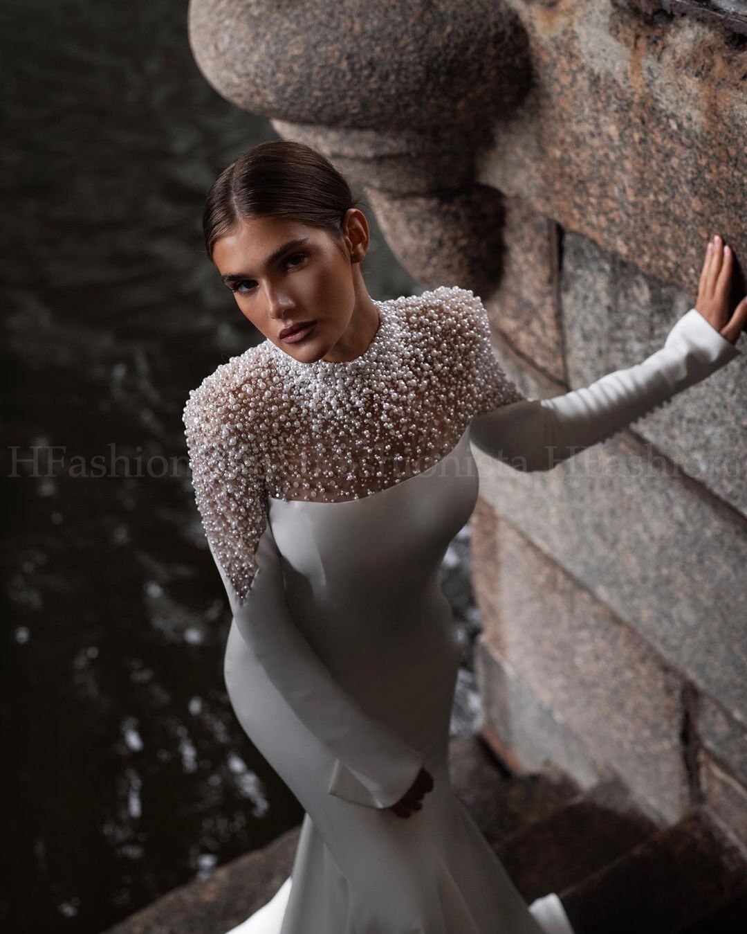 Customized Women'S White Bride Wedding Dress Sweet Tube Top Pearl Luxury Mermaid Dress
