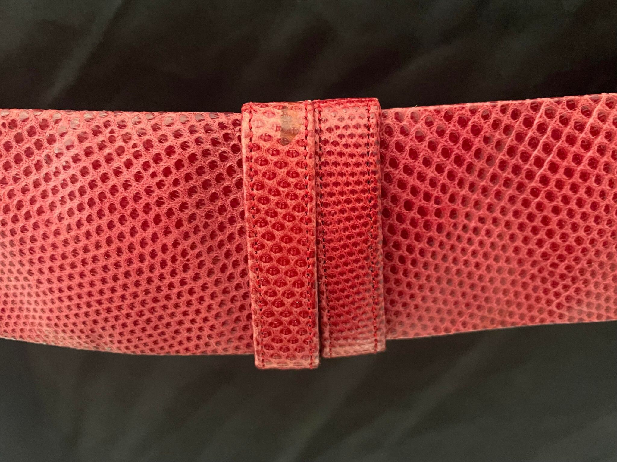 * 1980s Red Judith Leiber Leather/Snake Belt Judith Leiber 1980s Red Snake Belt with Gold Enamel Bow  main image 2