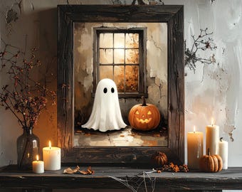 Fantôme et citrouille dans une ferme, peinture rustique d'art vintage - Art mural imprimable Halloween (téléchargement numérique)