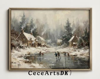 Vintage Winter Village Oil Painting: Ice Skating Pond Landscape, Christmas Wall Art (Digital Download)