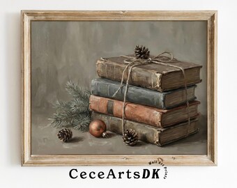 Peinture à l'huile vintage de livres de Noël : art universitaire sombre et sombre (téléchargement numérique)