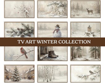 Könnte beinhalten: Eine Sammlung gerahmter Kunstdrucke zum Thema Winter. Die Kunstwerke zeigen verschneite Landschaften, einen Schneemann, einen Kardinal und andere Winterszenen. Der Text "TV ART WINTER COLLECTION" ist auf einem braunen Banner zu sehen.