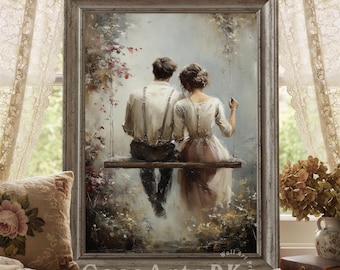May include: A framed print shows a couple on a swing, set amidst flowers and greenery. The artwork has a soft colour palette and a vintage feel. The frame is a light grey. The text "CeceArtsDK" is visible in the bottom left corner of the print.