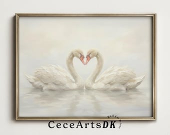 Swan Heart Oil Painting: Romantic Minimalist Wall Art (Digital Download)