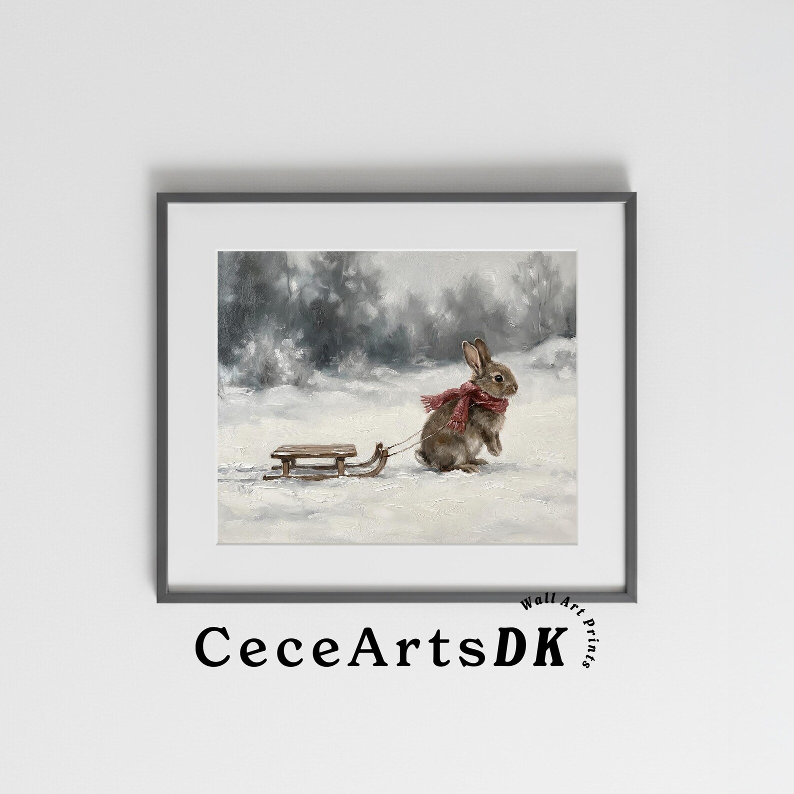 Vintage Bunny Pulling Sled: Winter Nursery Landscape Wall Art (digital ...