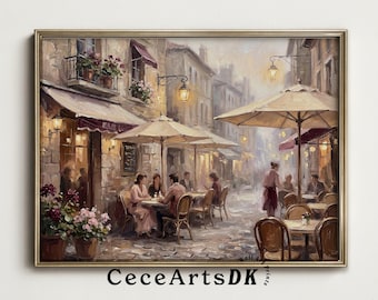 Romantic French Cafe Oil Painting: Vintage European Street Art (Digital Download)