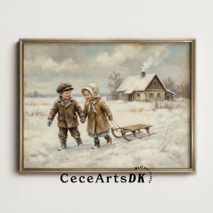 Art vintage sur neige pour enfants : enfants avec traîneau, décoration de vacances paysage de chalet d'hiver (téléchargement numérique)