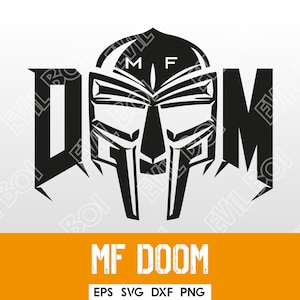 Puede incluir: Gráfico en blanco y negro de la máscara MF DOOM y la palabra DOOM. El texto "MF DOOM" está debajo de la máscara en letras blancas sobre un fondo naranja. La imagen también incluye información sobre el tipo de archivo.