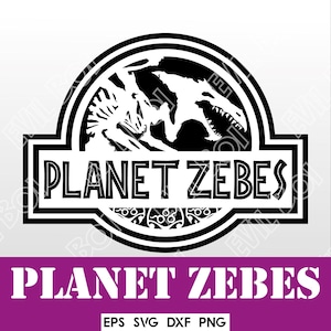 May include: Black and white silhouette of a dinosaur with the text "Planet Zebes" in a black and white circle. The design is similar to the Jurassic Park logo.