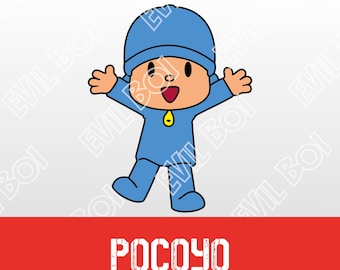 May include: A cartoon illustration of Pocoyo, a blue character with a yellow button, smiling and raising his arms. The text "POCOYO" is below the character in a distressed font. The text "EPS SVG DXF PNG JPG" is below the character's name.