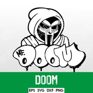 Peut inclure: Graphique noir et blanc d'une figure masquée avec une capuche et le mot "DOOM" en style graffiti. Le texte "MF." est au-dessus de la première lettre. Le mot "DOOM" est en dessous en police de bloc.