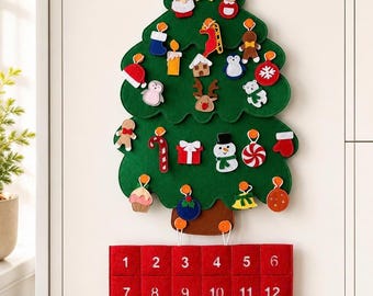 May include: A green felt Christmas tree wall hanging with a brown trunk, featuring various small felt ornaments attached to it. Below the tree is a red rectangular felt advent calendar with white numbers from 1 to 24 printed on individual pockets.