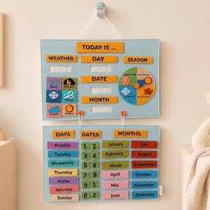 May include: A light blue felt wall calendar with orange labels reading TODAY IS, WEATHER, DAY, DATE, and MONTH. It features weather icons, a seasonal wheel, and removable felt strips for days of the week, dates, and months in various colors.