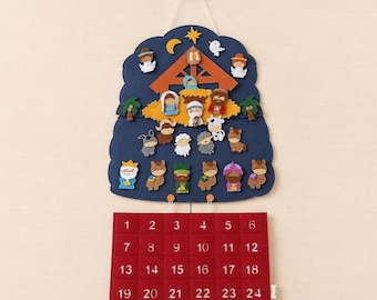 Handgefertigter Adventskalender mit Krippenmotiv, 24 Krippenfiguren, Adventskalender aus Filz, Krippe, Weihnachtscountdown