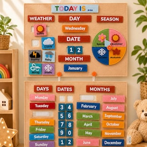 May include: A beige felt wall calendar with two sections featuring removable labels for weather, days, dates, and months. The top section includes a circular season wheel with a pointer, while the bottom section displays lists of days and months with hook-and-loop fasteners for interactive use. The text includes 'TODAY IS', 'WEATHER', 'DAY', 'SEASON', 'DATE', 'MONTH', 'DAYS', 'DATES', and 'MONTHS' along with various calendar labels.