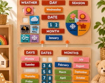 May include: A beige felt wall calendar with two sections featuring removable labels for weather, days, dates, and months. The top section includes a circular season wheel with a pointer, while the bottom section displays lists of days and months with hook-and-loop fasteners for interactive use. The text includes 'TODAY IS', 'WEATHER', 'DAY', 'SEASON', 'DATE', 'MONTH', 'DAYS', 'DATES', and 'MONTHS' along with various calendar labels.