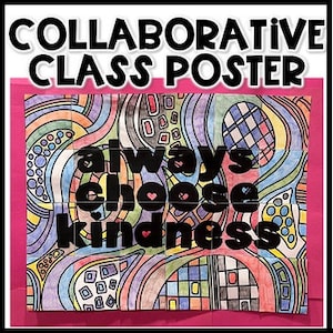 Op de afbeelding: Een kleurrijk abstract ontwerp klaslokaalposter met de tekst "always choose kindness" in zwarte letters.