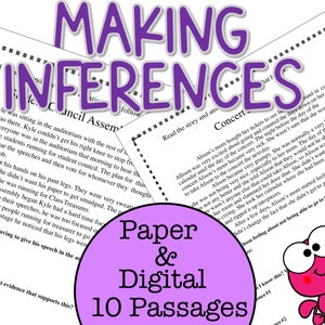 May include: Educational resource with the title "Making Inferences" in purple letters. The image shows several worksheets with text passages and questions. A pink cartoon ant with a magnifying glass is in the corner. The text "Paper & Digital 10 Passages" is also visible.
