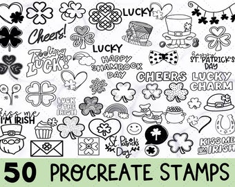 May include: A set of 50 black and white Procreate stamps featuring various St. Patrick's Day themed illustrations, including shamrocks, leprechauns, and the text "Kiss me, I'm Irish".