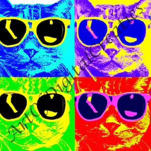 Cat with sunglasses in the style of Andy Warhol