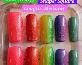 Neon Rainbow Ombre Glitter Press On Nails - XLarge Square