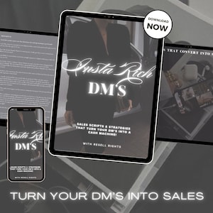 Puede incluir: Una descarga de producto digital con el texto "Insta Rich DM's" en blanco sobre fondo negro. El texto "Sales Scripts & Strategies That Turn Your DM's Into A Cash Machine!" también está incluido en blanco. El producto está disponible para descargar con derechos de reventa.
