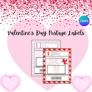 May include: Two printable Valentine's Day postage labels with a red heart border and Cupid-themed text. The labels include the text "Cupid Express Delivery" and "Cupid Tracking Number".