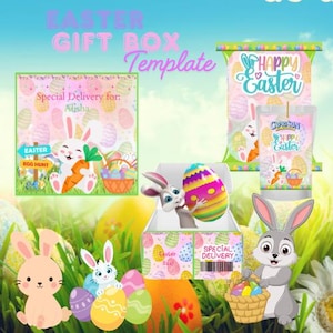 May include: An Easter-themed gift box template with cartoon bunnies, Easter eggs, and the text "Happy Easter." The design includes a box, a bag, and a juice pouch, all decorated with pastel colors and Easter motifs. The words "Special Delivery" are also visible.