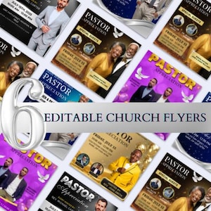 May include: A collection of colorful church flyers with the text "PASTOR APPRECIATION" and event details. The flyers feature images of people and doves, with the words "EDITABLE CHURCH FLYERS" across the center.