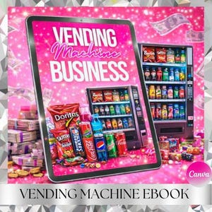 May include: A digital tablet displays the text "VENDING MACHINE BUSINESS" in pink, with a vending machine graphic. Snacks and drinks are arranged around the tablet. The image includes stacks of cash and the text "VENDING MACHINE EBOOK".