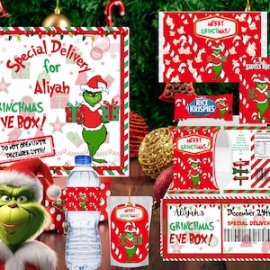 Könnte beinhalten: Eine Grinchmas Eve Box im roten und grünen Design. Die Box enthält eine Auswahl an Leckereien, darunter Rice Krispies, Swiss Miss und eine Wasserflasche. Die Box ist mit einem Grinch-Charakter und dem Text "Aliyah's Grinchmas Eve Box!" und "December 24th Special Delivery" verziert.