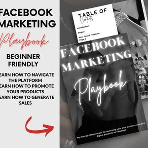 May include: A black and white image of a book cover with the title "Facebook Marketing Playbook: Beginner Friendly". The cover features a roulette wheel and a hand with a ring on it. The text on the cover reads "My step-by-step process for launching your own business with DFY digital products on Facebook."