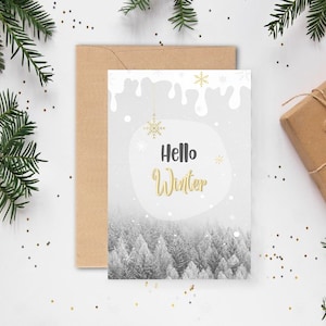 Hello Winter, Front Side, Printable postcard, Christmas Suitable, Size 4x6 inches, Instant Download
