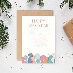 Cartão postal de feliz ano novo, verso, celebração, fogos de artifício, cartão postal para impressão, tamanho 4 x 6 polegadas, download instantâneo
