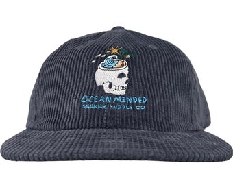 Corduroy Hat Blue Retro Hat Vintage Surf Hat Skull Design Embroidered 5 Panel Hat Gift For Surfer Beach Lover Ocean Minded Seeker Supply Co