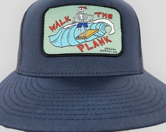Vintage Surf Hat: Skeleton Surfer Embroidered 5-Panel Cap
