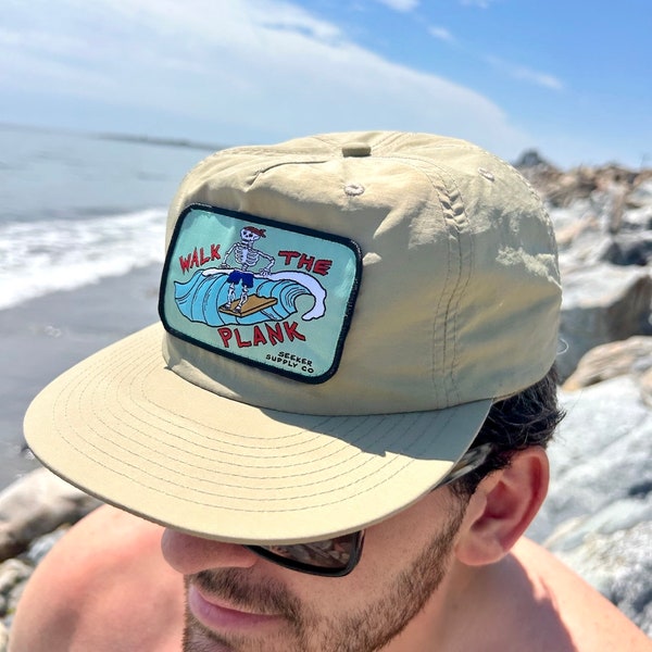 Gorra Surf Skeleton Patch – Gorra vintage de 5 paneles de nailon con cierre ajustable, gorra de surf longboard, gorra Walk The Plank