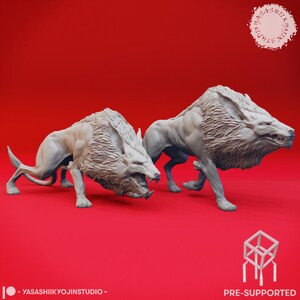 May include: Two grey 3D printed miniature wolf-like creatures with long fur and sharp teeth, posed in a snarling attack position. The miniatures are set against a red background.