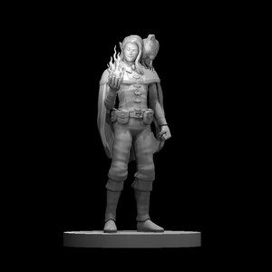 May include: A grey figurine of an elf wizard holding a small flame in their hand. The elf is wearing a long coat and has a bird perched on their shoulder.
