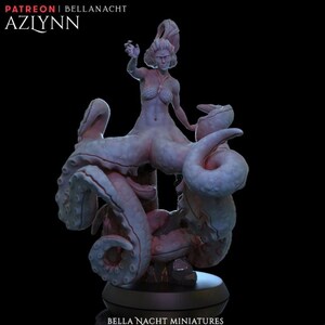 May include: A light purple Azlynn miniature sculpture. The figure is a humanoid form with an octopus-like lower body, tentacles, and a raised arm. The sculpture is on a black base, with the text "PATREON | BELLANACHT" and "BELLA NACHT MINIATURES".