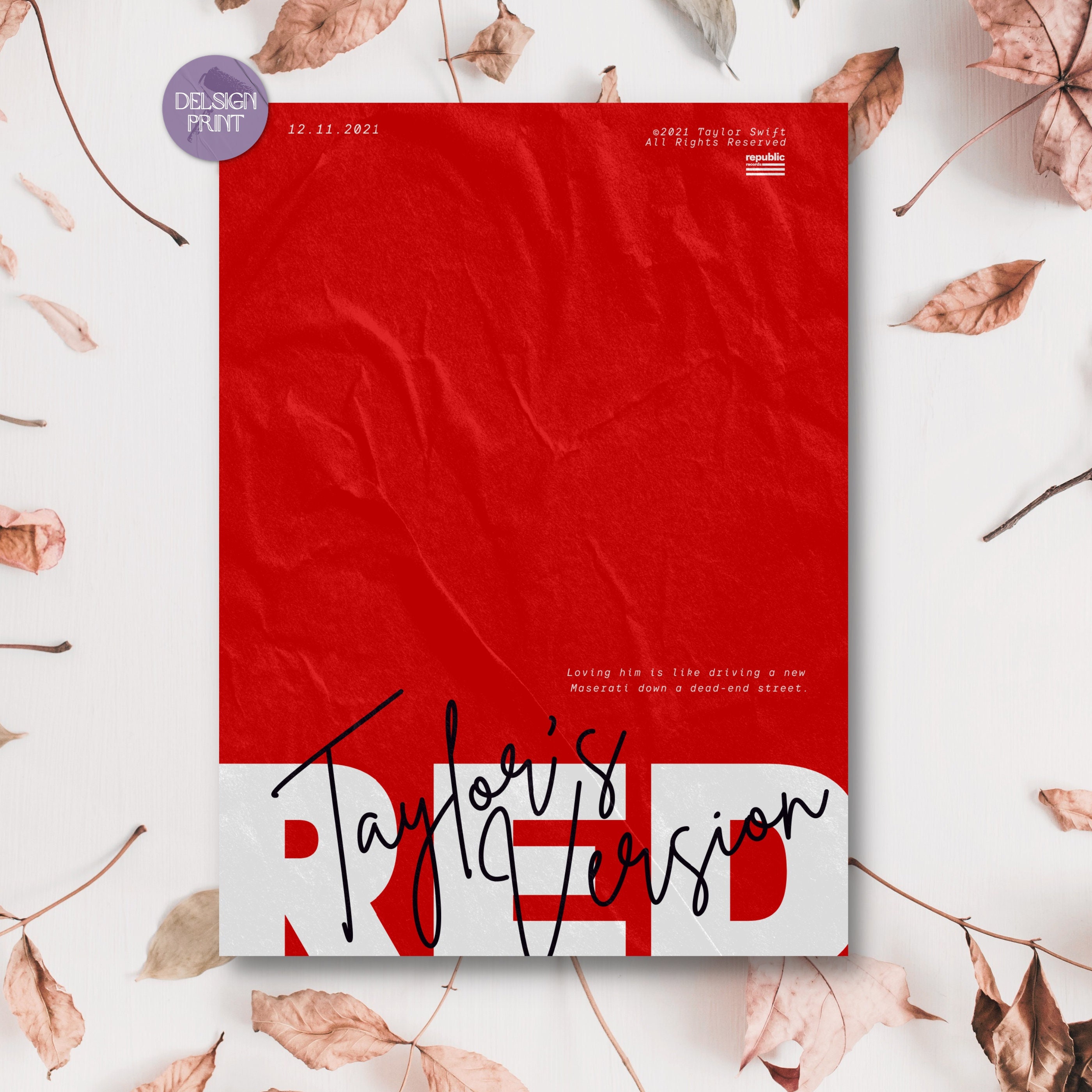 A3 RED TAYLOR'S VERSION Taylor Swift Poster Swiftie Gift Digital