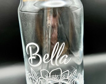 FLORAL NAME THEME: Glass Beer Can Cups w/bamboo lid & glass straw