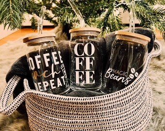 COFFEE THEME: Glass Beer Can Cups w/bamboo lid & glass straw