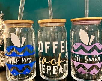 TEACHER/COACH THEME: Glass Beer Can Cups w/bamboo lid & glass straw
