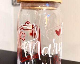 NURSE w/ NAME THEME: Glass Beer Can Cups w/bamboo lid & glass straw